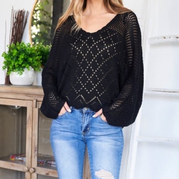 Long Sleeved Knitted Sweater Top Black - Picture 1 of 7